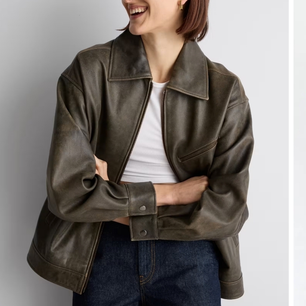 Quince 100% Leather Oversized Bomber Jacket - Distressed Brown